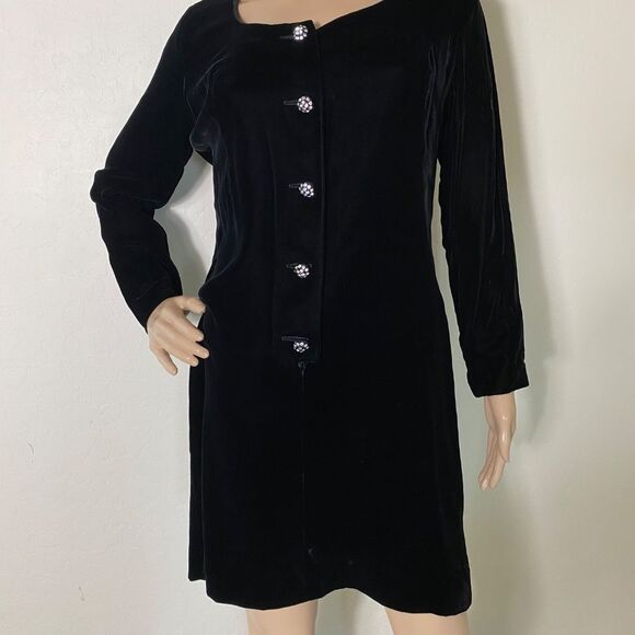 Black Velvet Vintage Dress 9 long sleeve above the knee w/rhinestones bu… - Picture 1 of 13